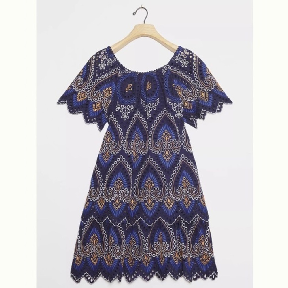 NWT Anthropologie Nori Eyelet Tunic Mini Spring Dress Blue Yellow Women 4 Boho